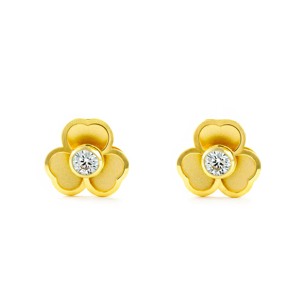 Boucles d'Oreilles Fille Enfant Trèfle Zircone Or Jaune 18 carats mates et brillantes