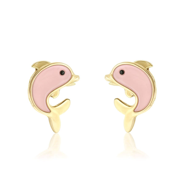 Boucles d'Oreilles Fille Enfant Émail rose Dauphin Or Jaune 18 Carats