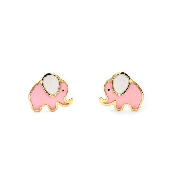Boucles d'Oreilles Bebe Fille Enfant Émail rose-blanc Élephant Or Jaune 18 Carats