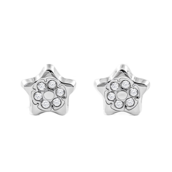 Boucles d'Oreilles Bebe Fille Enfant Étoile Zircone Or Blanc 9 Carats
