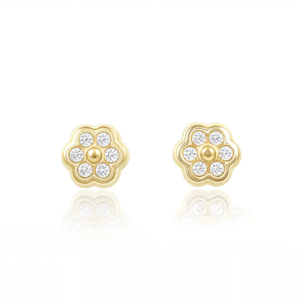 Boucles d'Oreilles Bebe Enfant marguerite fleur Zircone Or Jaune 18 Carats