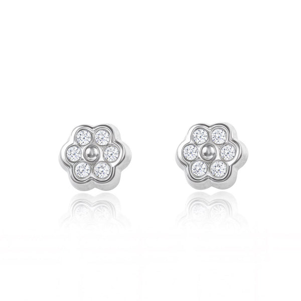 Boucles d'Oreilles Bebe Enfant marguerite fleur Zircone Or Blanc 18 Carats
