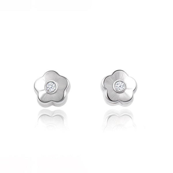 Boucles d'Oreilles Bebe Enfant marguerite fleur Zircone Or Blanc 9 Carats
