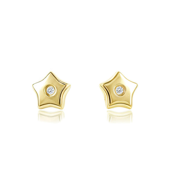 Boucles d'Oreilles Bebe Enfant Étoile Zircone Or Jaune 9 Carats