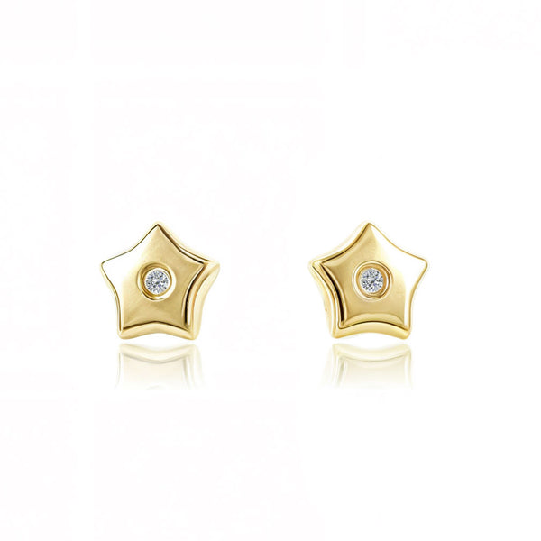 Boucles d'Oreilles Bebe Enfant Étoile Zircone Or Jaune 9 Carats