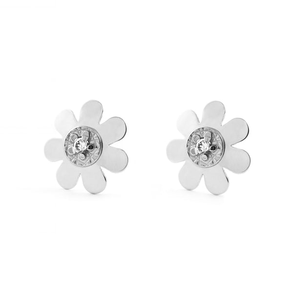 Boucles d'Oreilles Bebe Fille Enfant Fleur Zircone Or Blanc 18 Carats