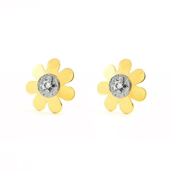 Boucles d'Oreilles Bebe Fille Enfant Fleur Zircone Or Bicolore 18 Carats