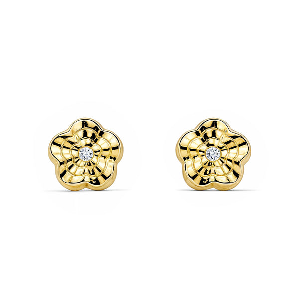 Boucles d'Oreilles Bebe Fille Enfant Fleur Zircone Or Jaune 18 carats texturees