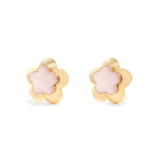 Boucles d'Oreilles Fille Enfant Émail rose clair Fleur Or Jaune 9 Carats
