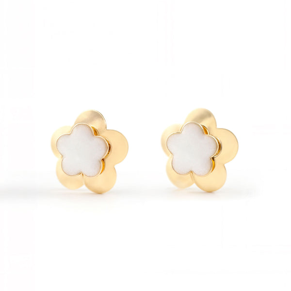 Boucles d'Oreilles Fille Enfant Émail blanc Fleur Or Jaune 9 Carats
