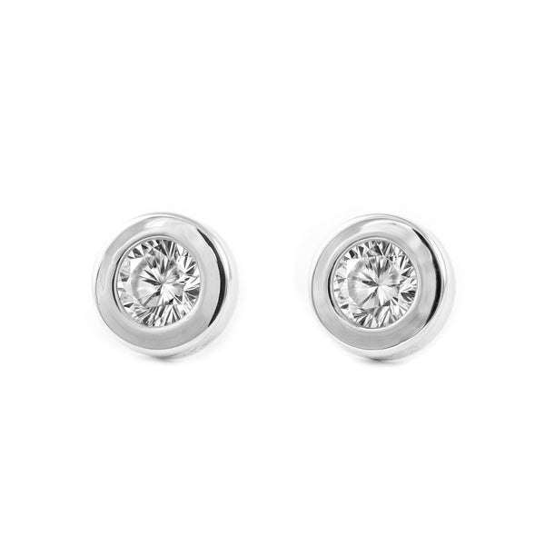 Boucles d'Oreilles Bebe Fille Enfant Ronde Zircone Or Blanc 18 Carats