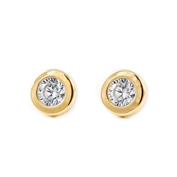 Boucles d'Oreilles Bebe Fille Enfant Ronde Zircone Or Jaune 18 Carats