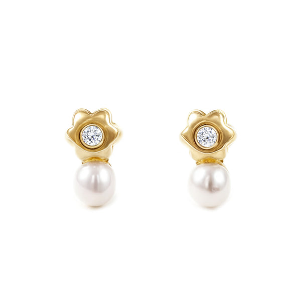 Boucles d'Oreilles Bebe Fille Enfant marguerite fleur Zircone Perle 3,5 mm Or Jaune 18 Carats