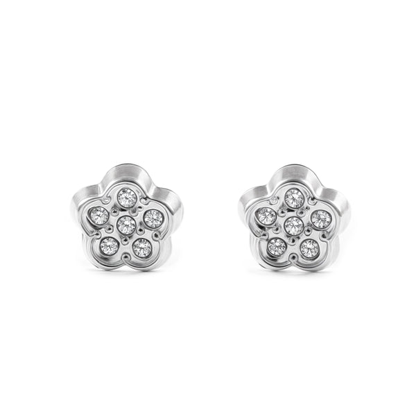 Boucles d'Oreilles Bebe Fille Enfant marguerite fleur Zircone Or Blanc 9 Carats