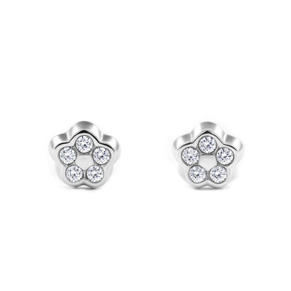 Boucles d'Oreilles Bebe Enfant marguerite fleur Zircone Or Blanc 9 Carats