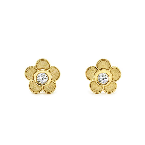 Boucles d'Oreilles Bebe Enfant marguerite fleur Zircone Or Jaune 9 carats mates et brillantes
