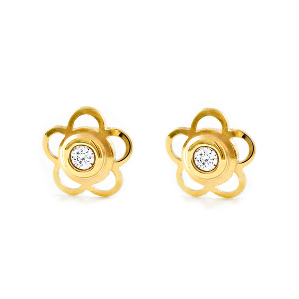 Boucles d'Oreilles Bebe Fille Enfant marguerite fleur Zircone Or Jaune 9 Carats