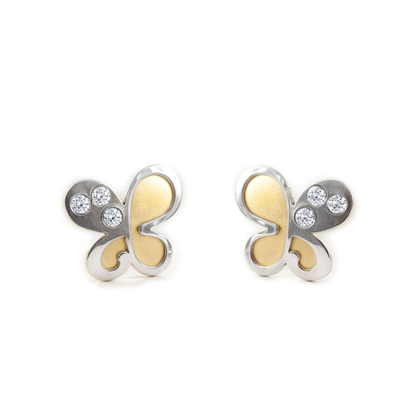 Boucles d'Oreilles Fille Enfant Papillon Zircone Or Bicolore 18 carats mates et brillantes