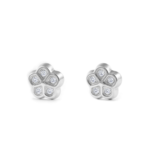 Boucles d'Oreilles Bebe Fille Enfant marguerite fleur Zircone Or Blanc 9 Carats