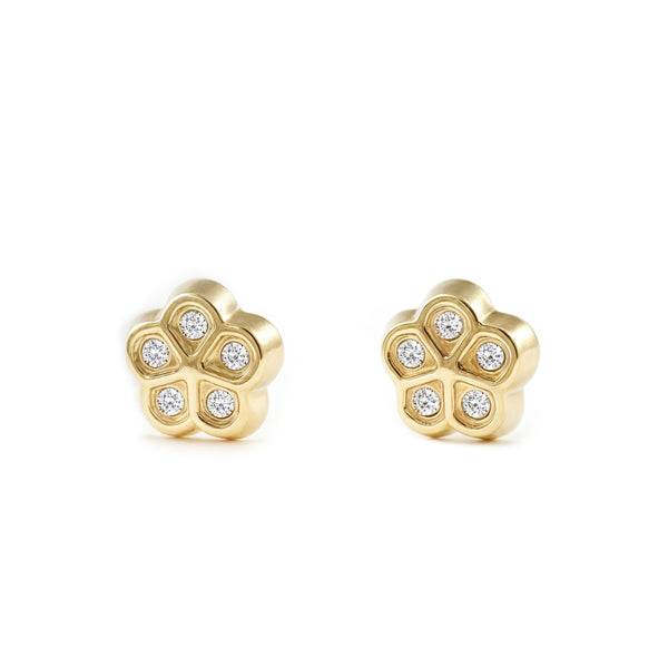 Boucles d'Oreilles Bebe Fille Enfant marguerite fleur Zircone Or Jaune 9 Carats