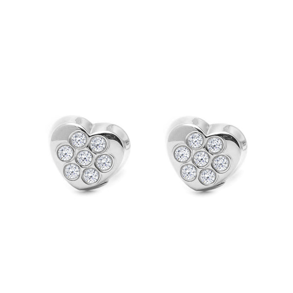 Boucles d'Oreilles Bebe Fille Enfant Cœur Zircone Or Blanc 9 Carats
