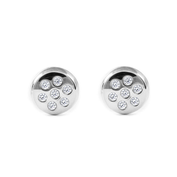 Boucles d'Oreilles Bebe Fille Enfant Ronde Zircone Or Blanc 9 Carats