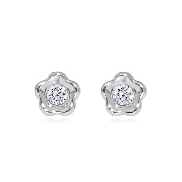 Boucles d'Oreilles Bebe Enfant marguerite fleur Zircone Or Blanc 9 Carats