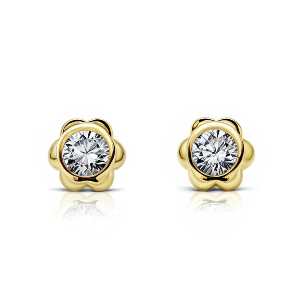Boucles d'Oreilles Bebe Fille Enfant Fleur Zircone Or Jaune 9 Carats