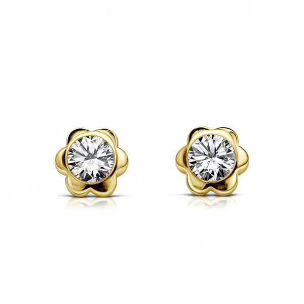 Boucles d'Oreilles Bebe Fille Enfant Fleur Zircone Or Jaune 9 Carats