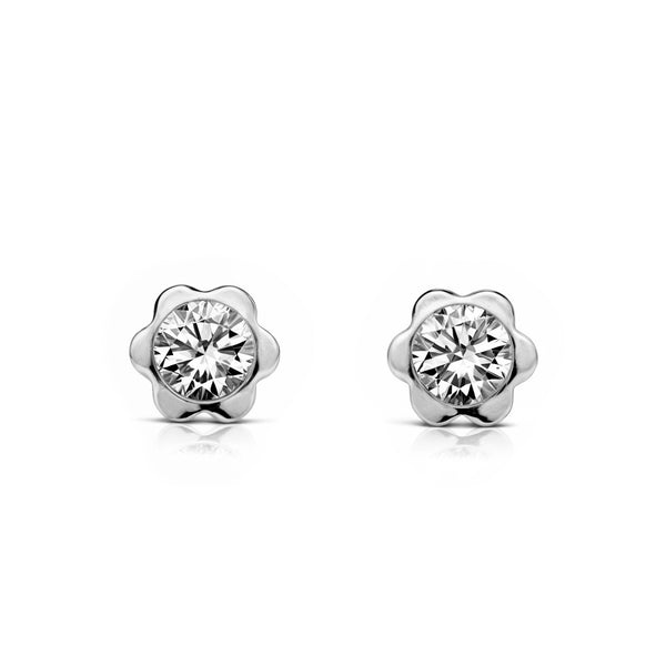 Boucles d'Oreilles Fille Enfant Fleur Zircone Or Blanc 9 Carats