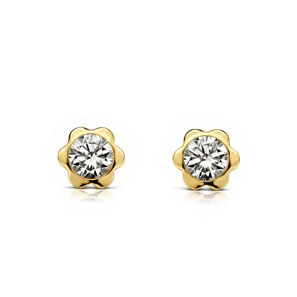 Boucles d'Oreilles Fille Enfant Fleur Zircone Or Jaune 9 Carats