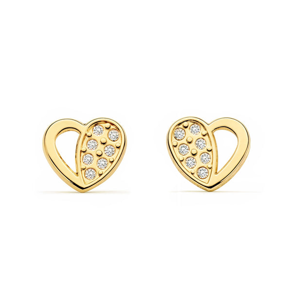 Boucles d'Oreilles Fille Enfant Cœur Zircone Or Jaune 9 Carats