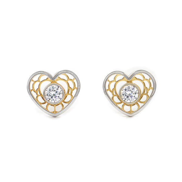 Boucles d'Oreilles Fille Enfant Cœur Zircone Or Bicolore 9 Carats