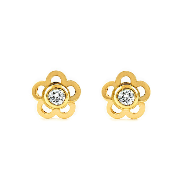 Boucles d'Oreilles Bebe Enfant Fleur Zircone Or Jaune 18 Carats