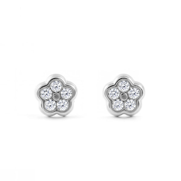 Boucles d'Oreilles Bebe Fille Enfant marguerite fleur Zircone Or Blanc 9 Carats