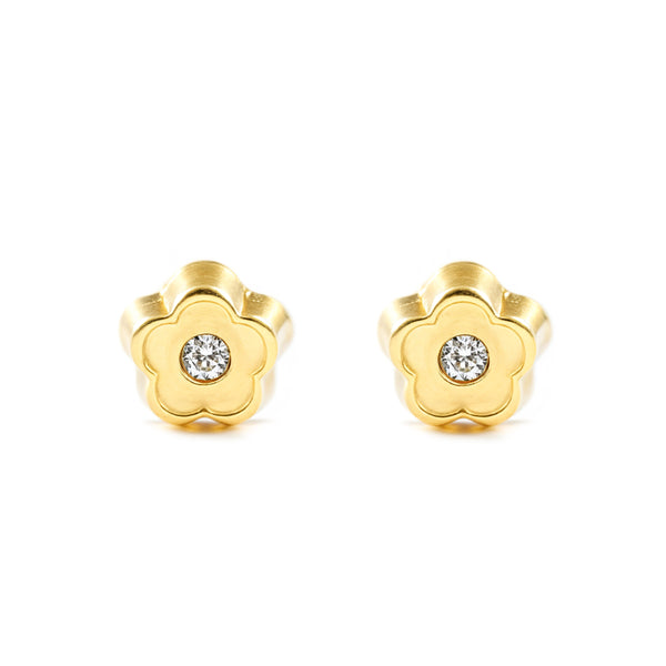 Boucles d'Oreilles Bebe Enfant marguerite fleur Zircone Or Jaune 9 Carats