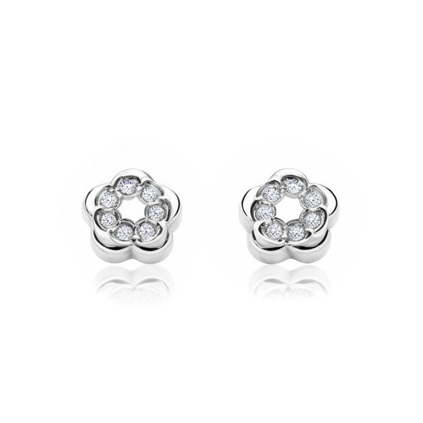Boucles d'Oreilles Bebe Fille Enfant Fleur Zircone Or Blanc 9 Carats