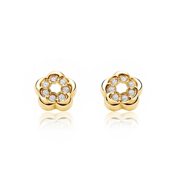 Boucles d'Oreilles Bebe Fille Enfant Fleur Zircone Or Jaune 9 Carats