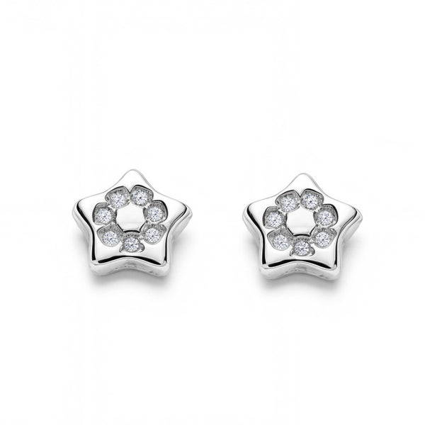 Boucles d'Oreilles Fille Enfant Étoile Zircone Or Blanc 9 Carats