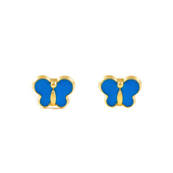 Boucles d'Oreilles Bebe Fille Enfant Émail bleu Papillon Or Jaune 9 Carats