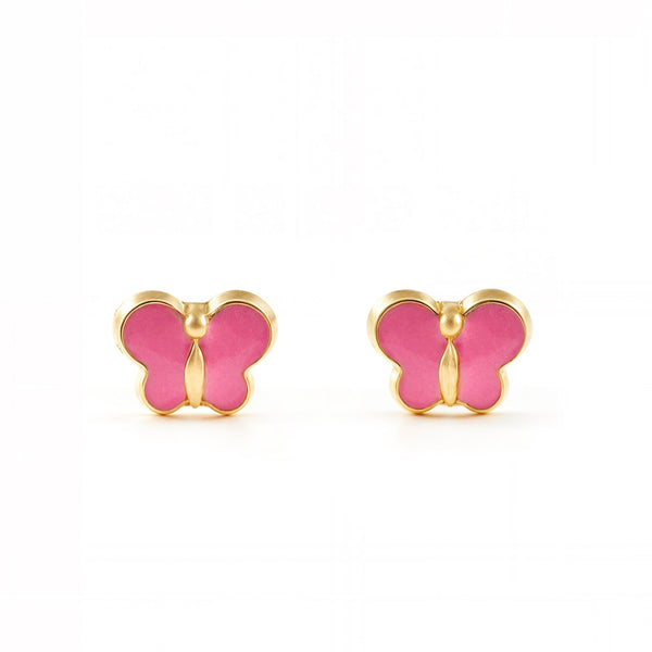 Boucles d'Oreilles Bebe Fille Enfant Émail rose Papillon Or Jaune 9 Carats