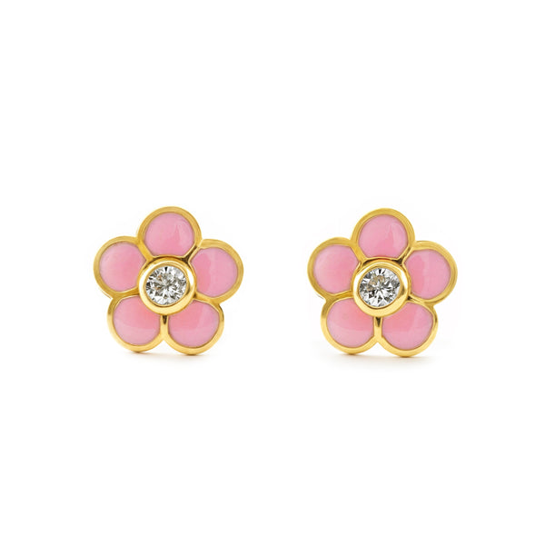 Boucles d'Oreilles Fille Enfant Émail rose Fleur Zircone Or Jaune 18 Carats