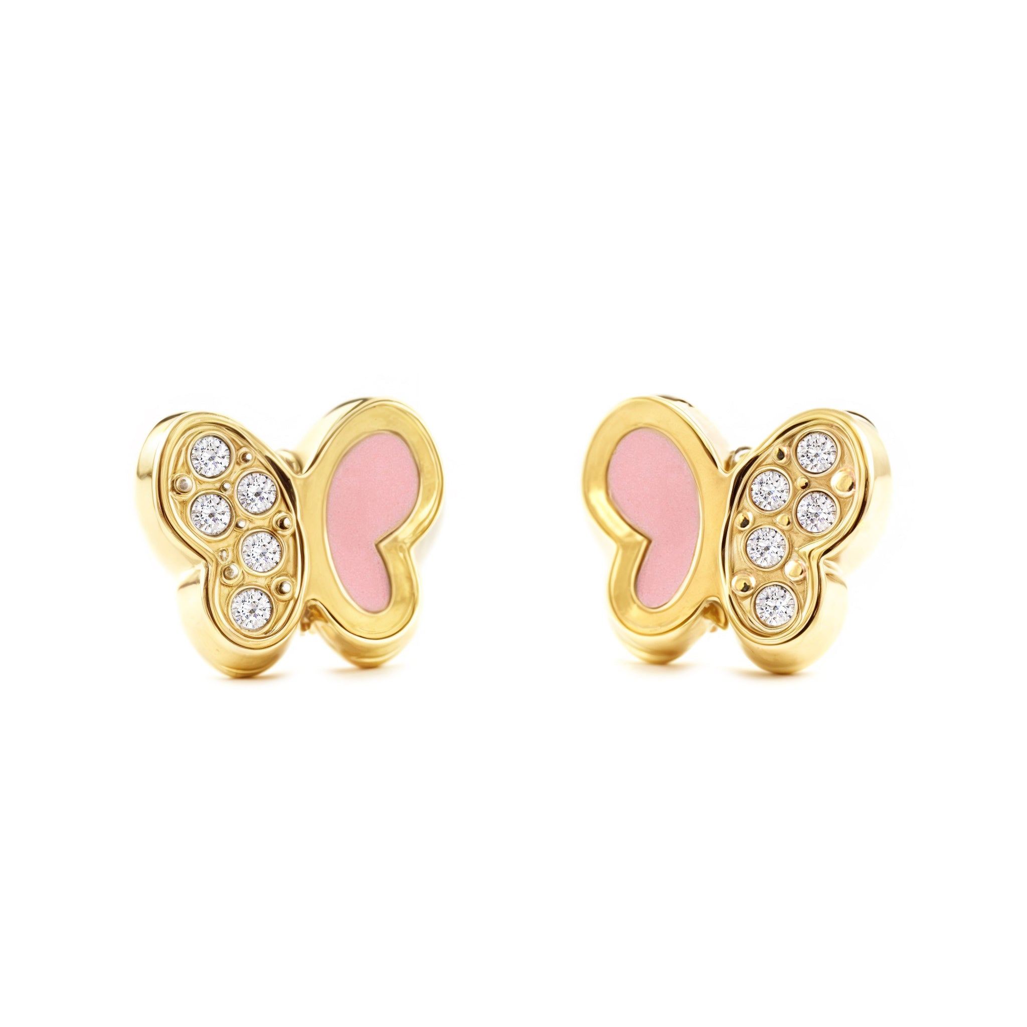 Boucles D'Oreilles Enfant Papillon Rose Émail Or Jaune 9 Carats – Bijoux Faits Main