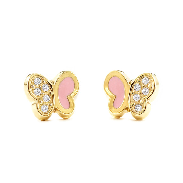 Boucles d'Oreilles Fille Enfant Émail rose Papillon Zircone Or Jaune 9 Carats