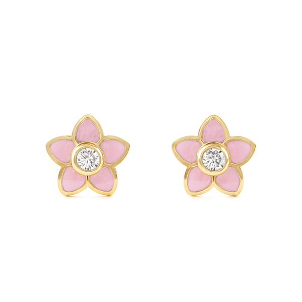 Boucles d'Oreilles Fille Enfant Émail rose Fleur Zircone Or Jaune 18 Carats
