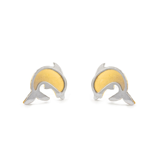 Boucles d'Oreilles Bebe Fille Enfant Dauphin Or Bicolore 18 carats mates et brillantes