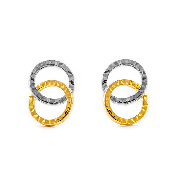Boucles d'Oreilles Doubles Creoles 10x7 mm Or Bicolore 18 carats texturees