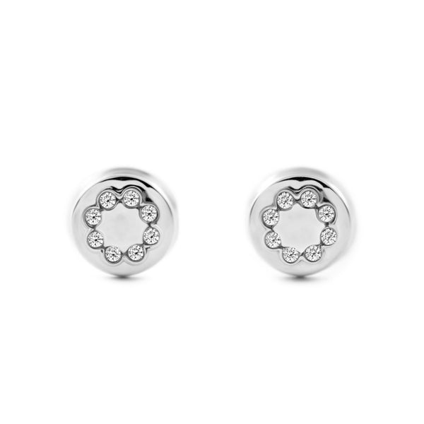 Boucles d'Oreilles Bebe Fille Enfant Ronde Zircone Or Blanc 9 Carats