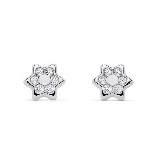Boucles d'Oreilles Bebe Fille Enfant Étoile Zircone Or Blanc 9 Carats