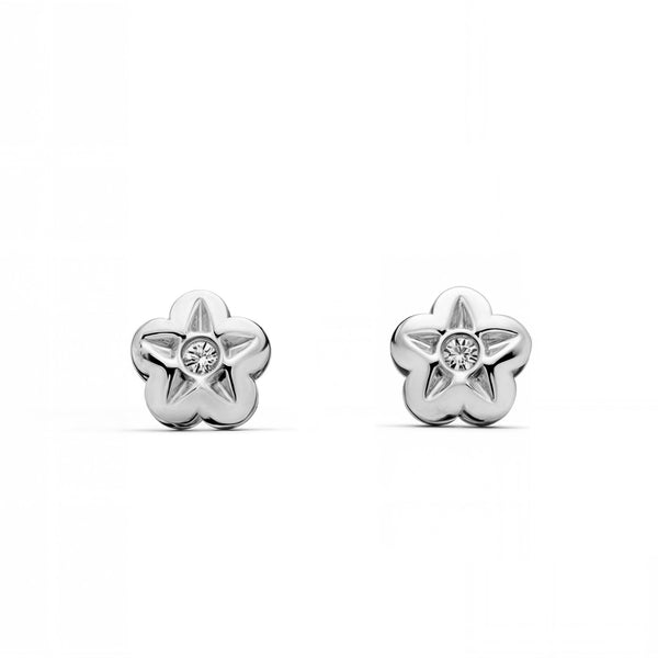 Boucles d'Oreilles Bebe Fille Enfant Fleur Zircone Or Blanc 9 Carats